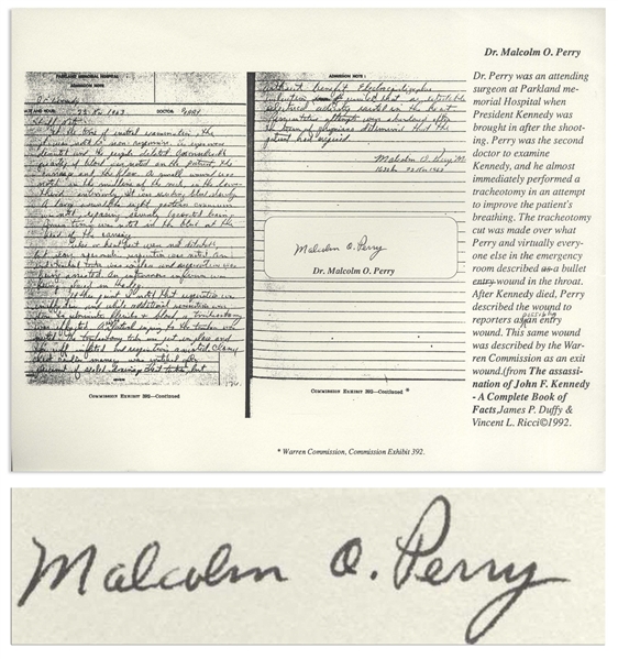 Dr. Malcolm Perry Signed Souvenir Copy of the Medical Report Filed After John F. Kennedy's Assassination -- Perry Was the Surgeon Who Performed the Tracheotomy on JFK Above the Controversial Wound